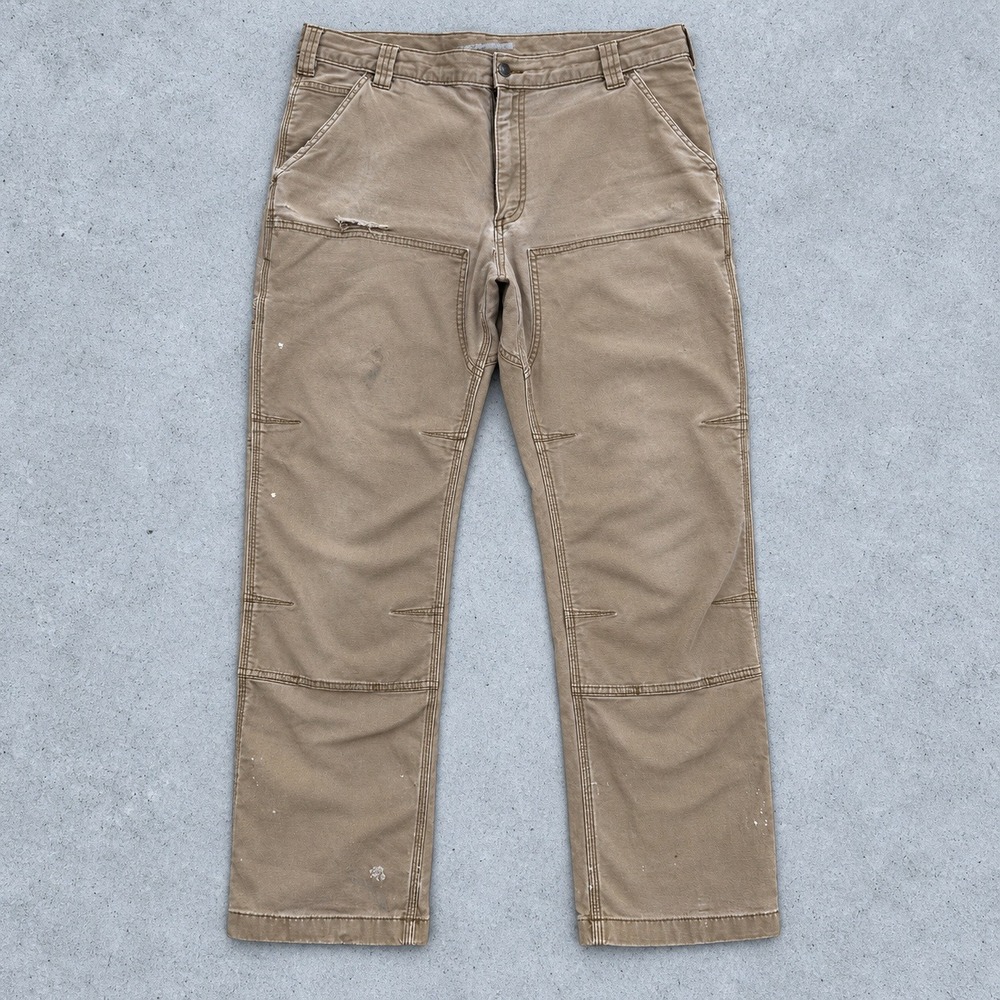 Carhartt Mens 36x30 Relaxed Fit Double Knee Work Pants Tan Distressed Canvas